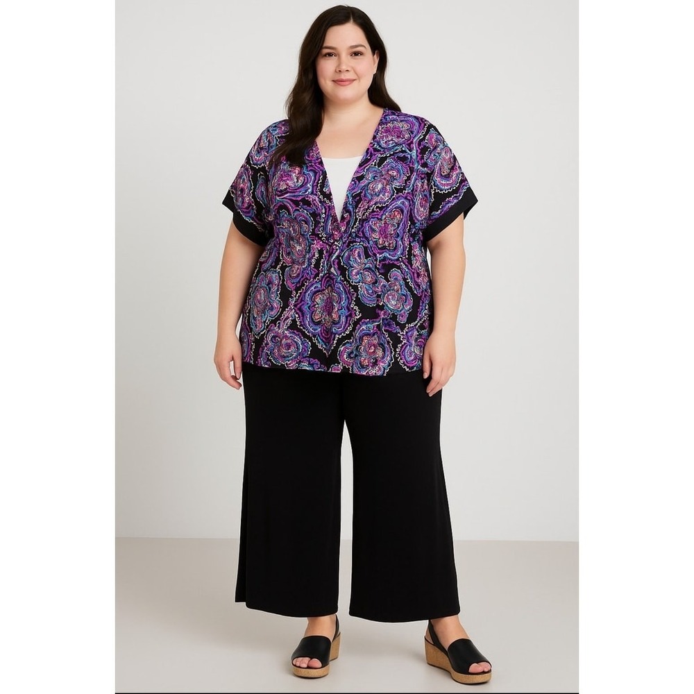 She's Cool Paisley Boho Top 2X‎ Purple Hippie Smocked Waist Dolman Sleeve Resort